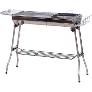 Outsunny Barbecue à Charbon Pliable Portable BBQ Grill sur Pied avec étagères + Grille + Plaque Cuisson dim. 104L x 33l x 70H cm Acier INOX.