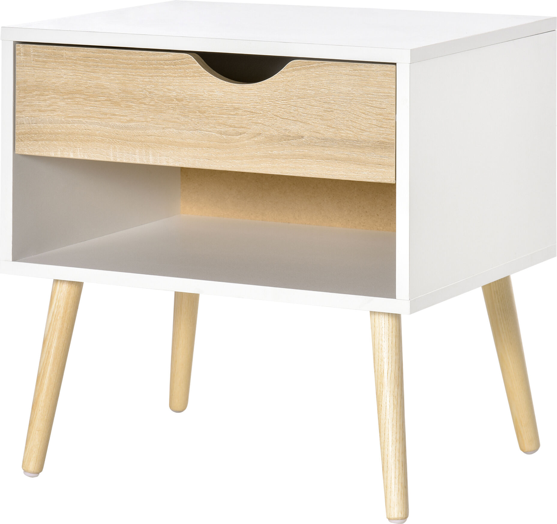 HOMCOM Chevet Table de Nuit tiroir Niche Design Moderne Panneau de Particules Classe E1 Pieds en Bois Massif 50 x 39 x 51 cm Bois de chêne Blanc