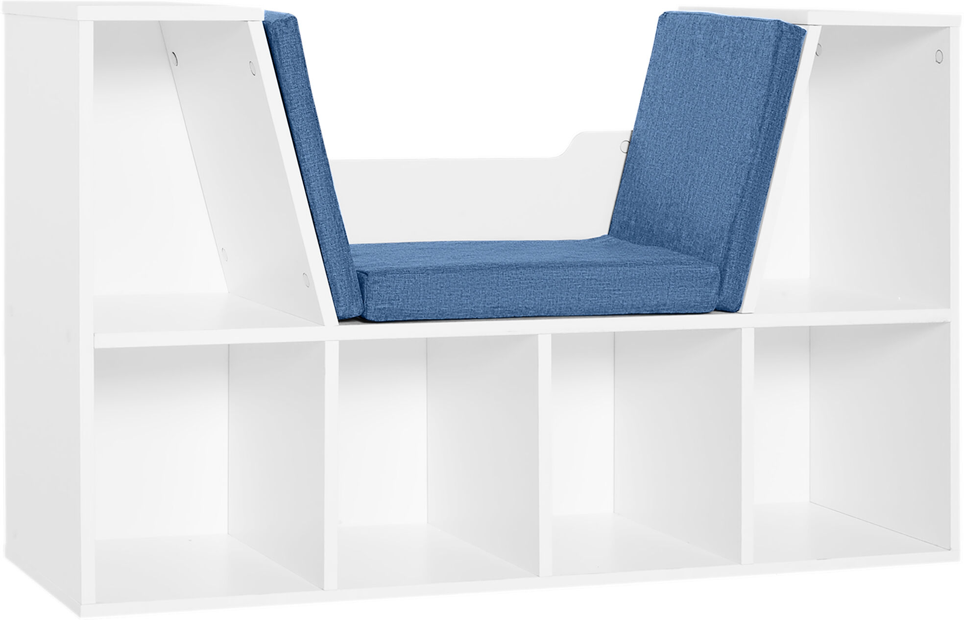 HOMCOM Bibliothèque Banc 2 en 1 Design Contemporain 6 casiers 3 Coussins fournis 102L x 30l x 61H cm Blanc Bleu