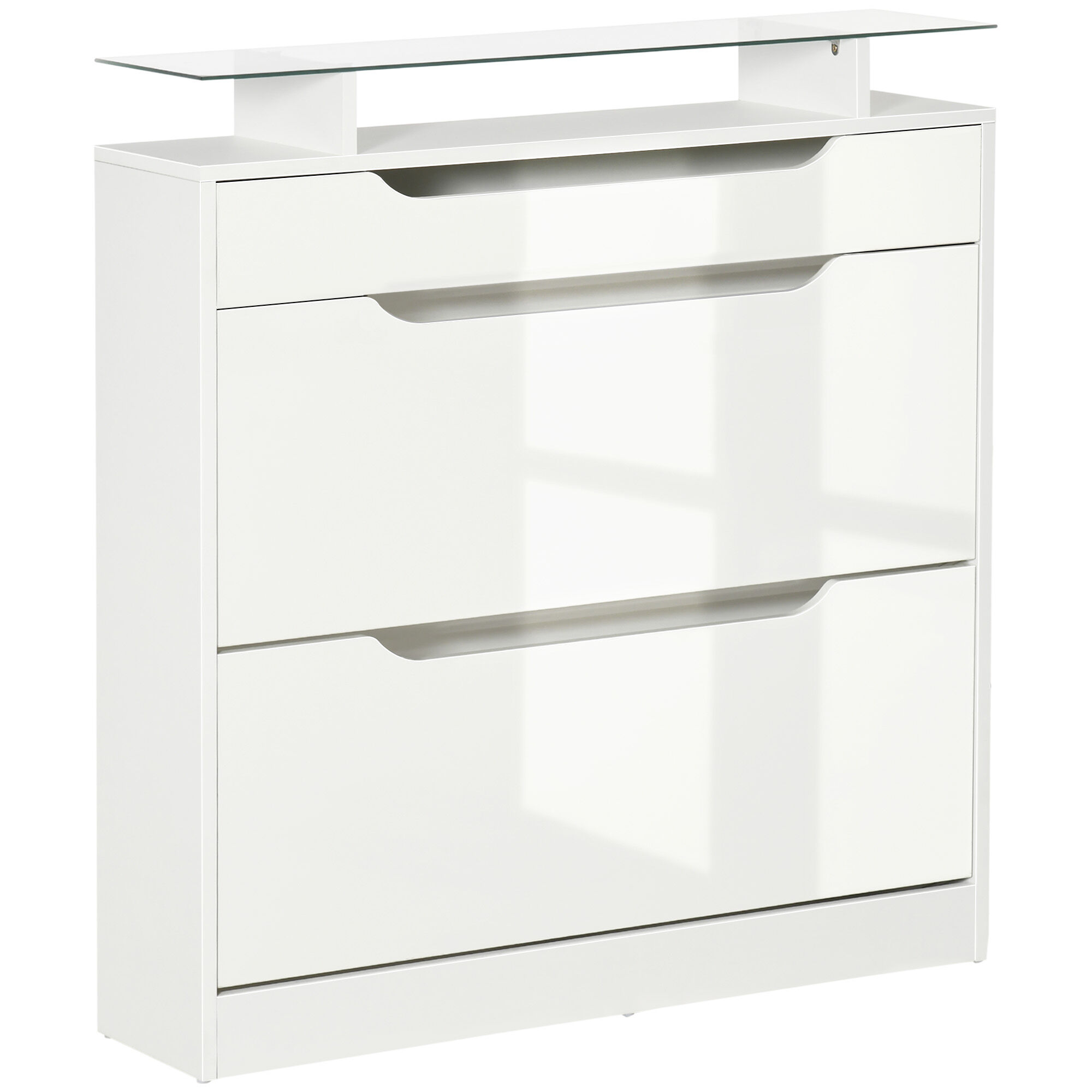 HOMCOM Armoire à chaussures avec 2 tiroirs rabattables + 1 tiroir coulissant + 1 comptoir et 1 plateau en verre étagère réglable sur 2 niveaux blanc