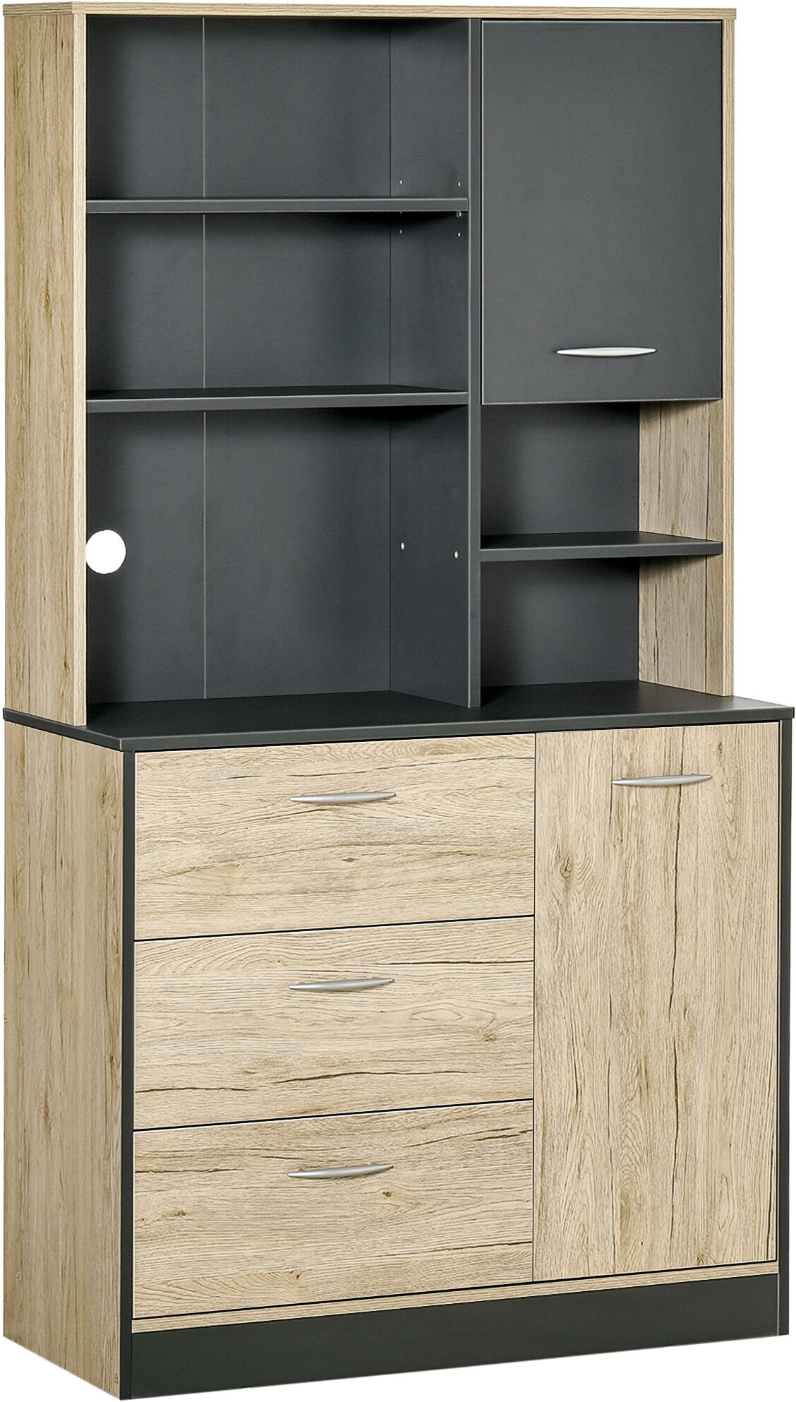 Homcom Buffet de Cuisine Armoire de Cuisine Multi-Rangements 2 Portes 3 Tiroirs 3 Etagères Grand Plateau 90 x 39 x 169 cm Bricolore Chêne Clair Noir