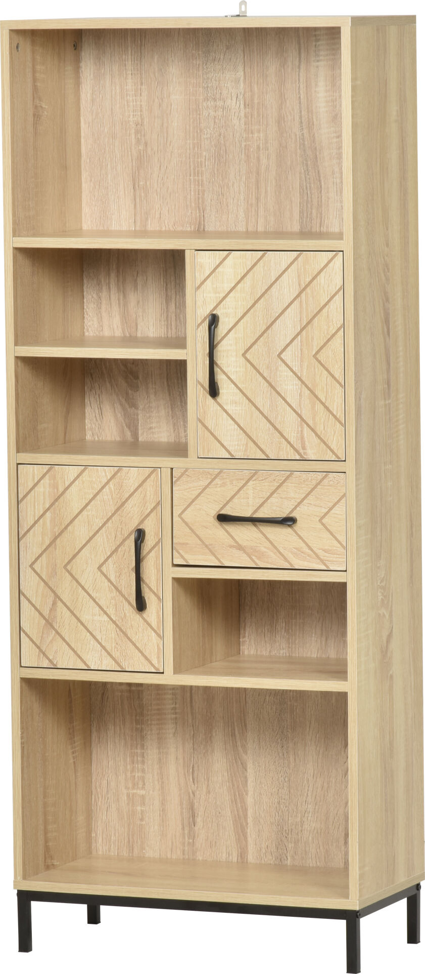 HOMCOM Bibliothèque armoire de rangement livres grand espace 5 niches 2 placards avec porte et tiroir pour salon chambre bureau couloir bois naturel