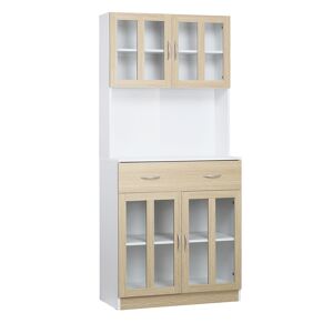 HOMCOM Buffet Armoire de Cuisine Multi-Rangement 4 Portes vitrine Verre avec étagère tiroir Coulissant Grand Plateau en Bois chêne Clair