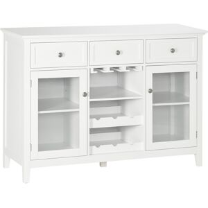 HOMCOM Buffet de rangement meuble de rangement 2 portes vitrées avec étagère réglable 3 tiroirs porte-bouteilles 120 x 40 x 87 cm blanc