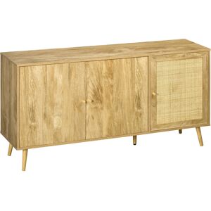 HOMCOM Buffet meuble de rangement placard de cuisine commode 3 portes avec étagères porte cannage style bohème - 150 x 39,5 x 79 cm