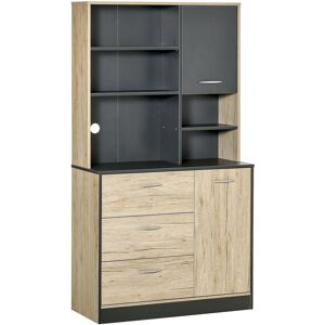 Homcom Buffet de Cuisine Armoire de Cuisine Multi-Rangements 2 Portes 3 Tiroirs 3 Etagères Grand Plateau 90 x 39 x 169 cm Bricolore Chêne Clair Noir