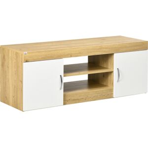 HOMCOM Meuble TV banc TV jusqu'à 60 pouces avec étagères 2 placards en bois 130 x 39,6 x 48 cm bois naturel et blanc   Aosom France