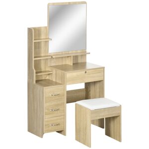 HOMCOM Ensemble de coiffeuse table de maquillage avec tabouret rembourré grand miroir + plusieurs étagères ouvertes + 4 tiroirs bois naturel