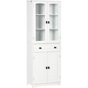 HOMCOM Buffet haut armoire de cuisine 4 portes dont 2 portes vitrées et 1 tiroir hauteur 160 cm avec étagères en bois blanc   Aosom France