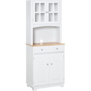 HOMCOM Armoire de cuisine 2 placards 2 portes persiennes et acryliques 2 tiroirs grande niche bois caoutchouc MDF blanc