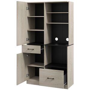 HOMCOM Armoire meuble de cuisine avec 2 tiroirs 2 placards 4 niches étagères réglables et passe-câbles H170 cm noir naturel