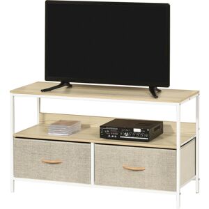 HOMCOM Meuble TV Bas sur Pieds Style Industriel 2 tiroirs en Tissu Gris Bois Naturel et métal Blanc