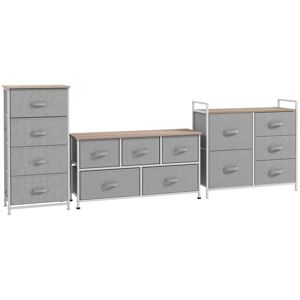 HOMCOM Lot de 3 commodes en tissu meuble de rangement chiffonnier 14 tiroirs non-tissés gris structure acier blanc plateau