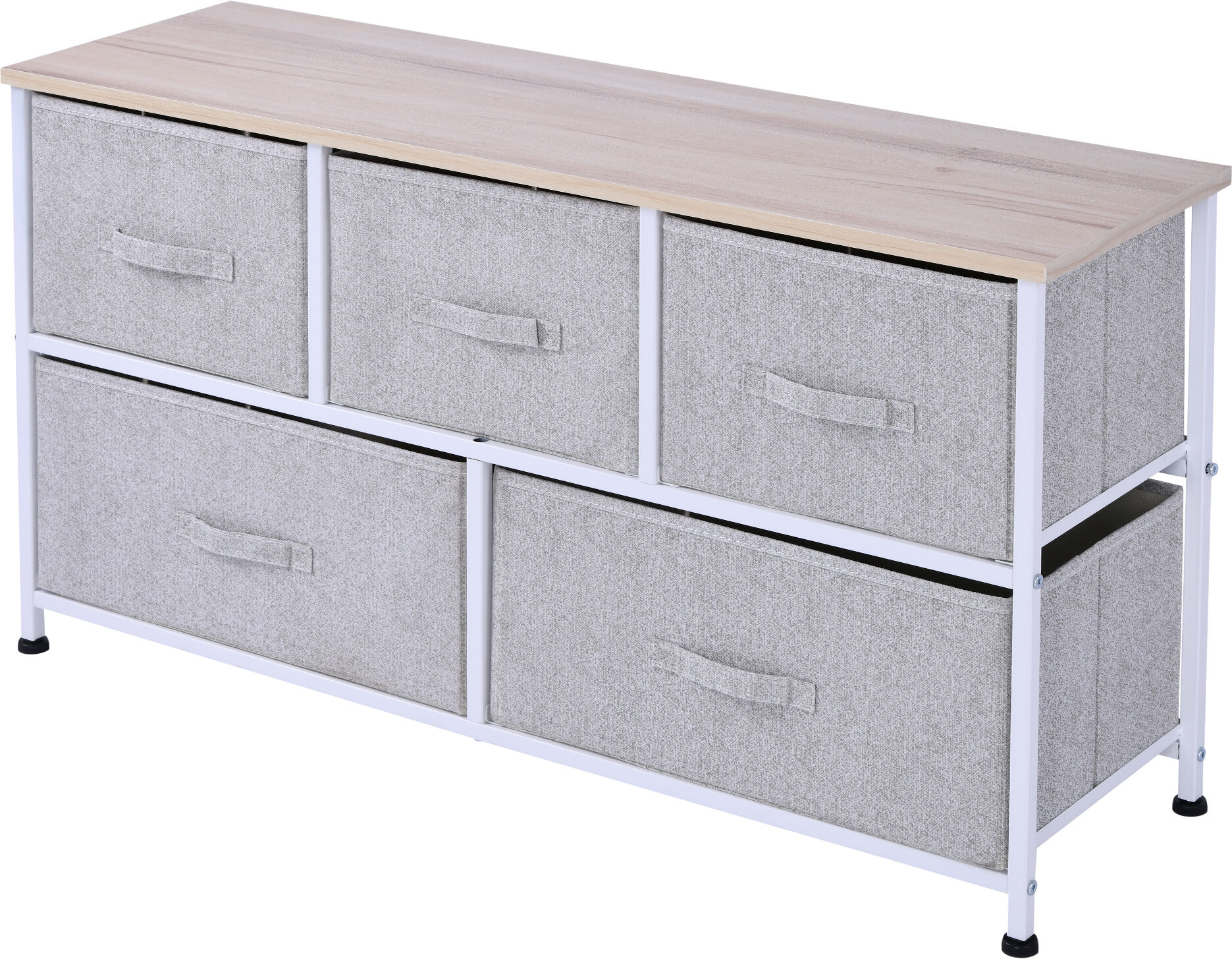 HOMCOM Commode meuble de rangement 100 x 30 x 54 cm 5 tiroirs non-tissés gris structure acier blanc bois clair