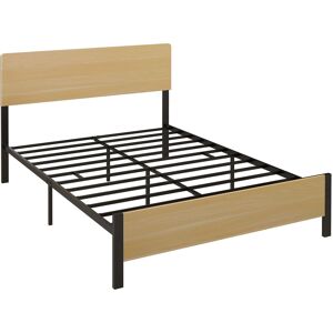 HOMCOM Cadre de lit double en acier avec sommier et tête de lit compatible matelas 140 x 190 cm aspect bois foncé