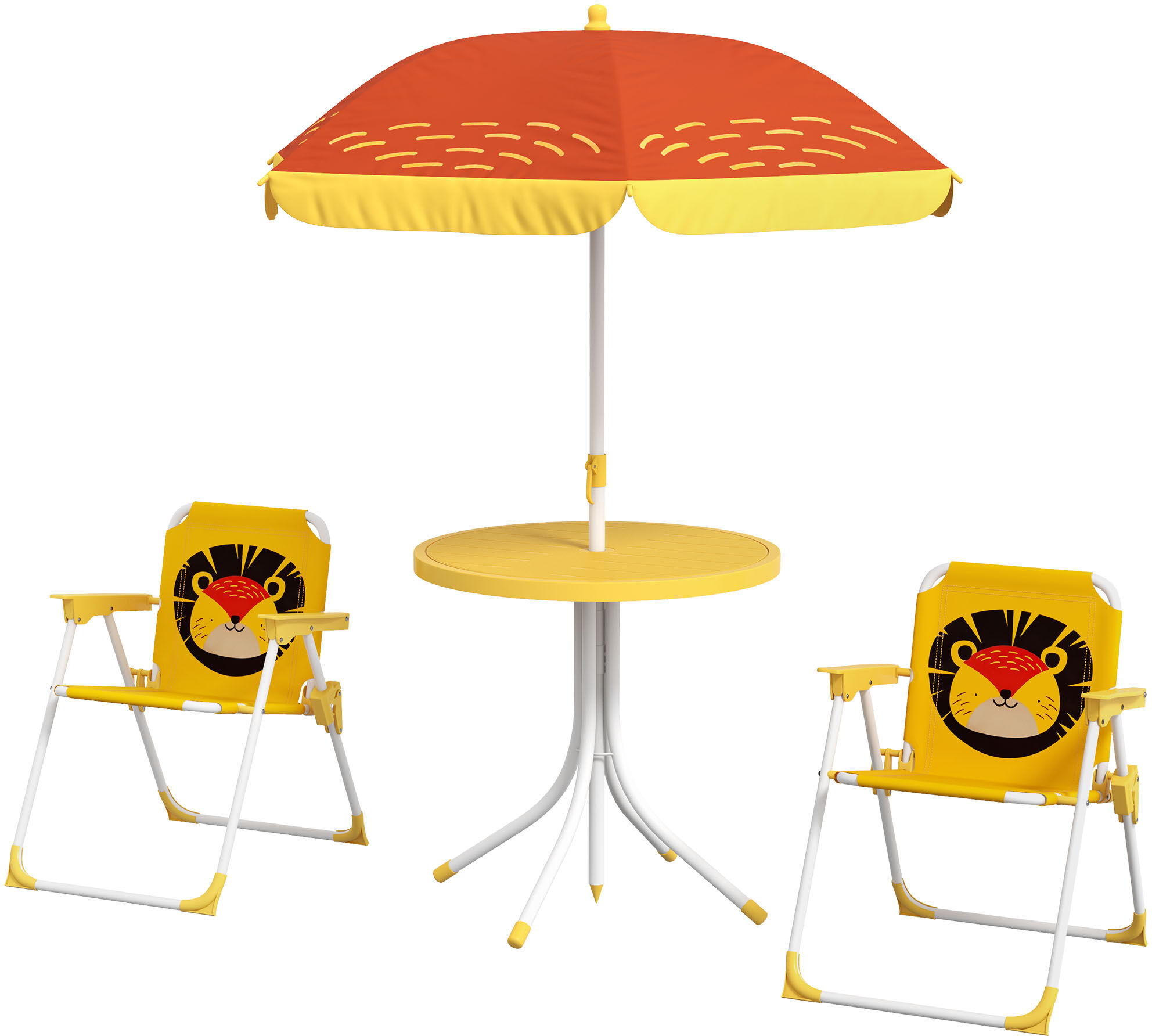 Outsunny Ensemble salon de jardin enfant 4 pièces motif du lion avec parasol réglable Ø 100 cm chaise pliable jaune