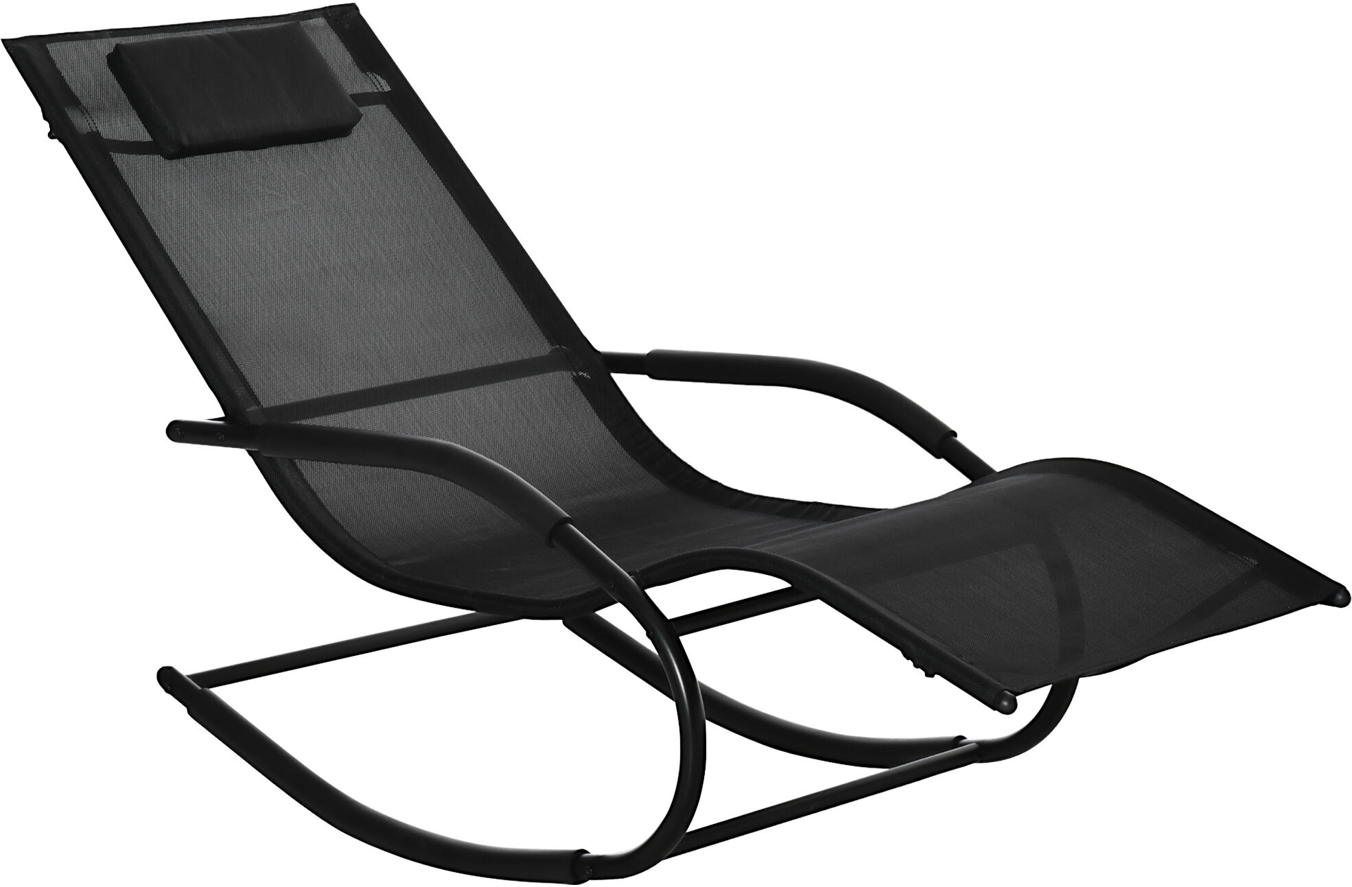 Outsunny Chaise longue à bascule rocking chair ergonomique avec tétière accoudoirs métal galvanisé textilène dim. 63l x 160P x 88H cm noir-AOSOM.fr