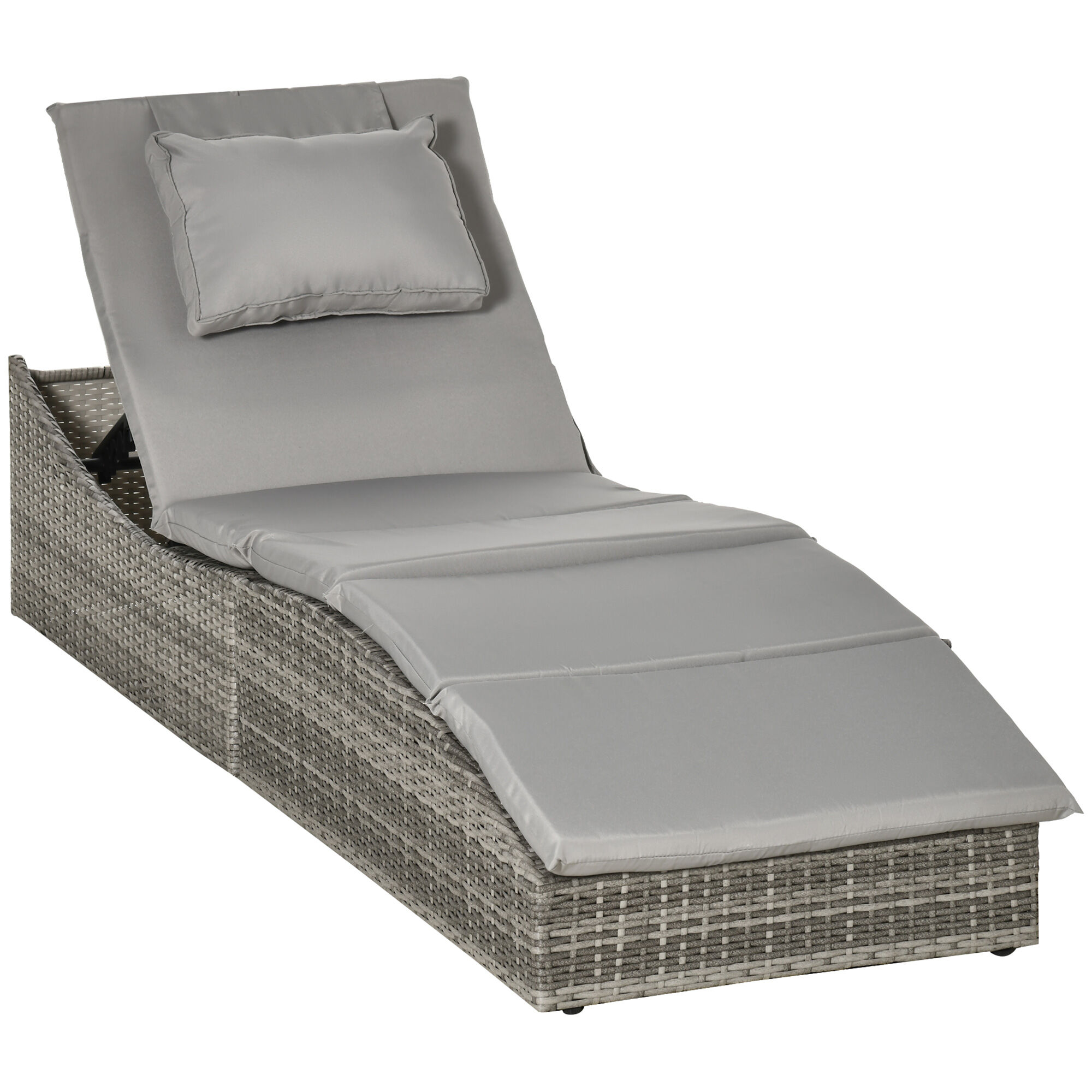 Outsunny Bain de soleil transat pliable avec matelas grand confort dossier réglable multipositions en métal et résine tressée - gris clair