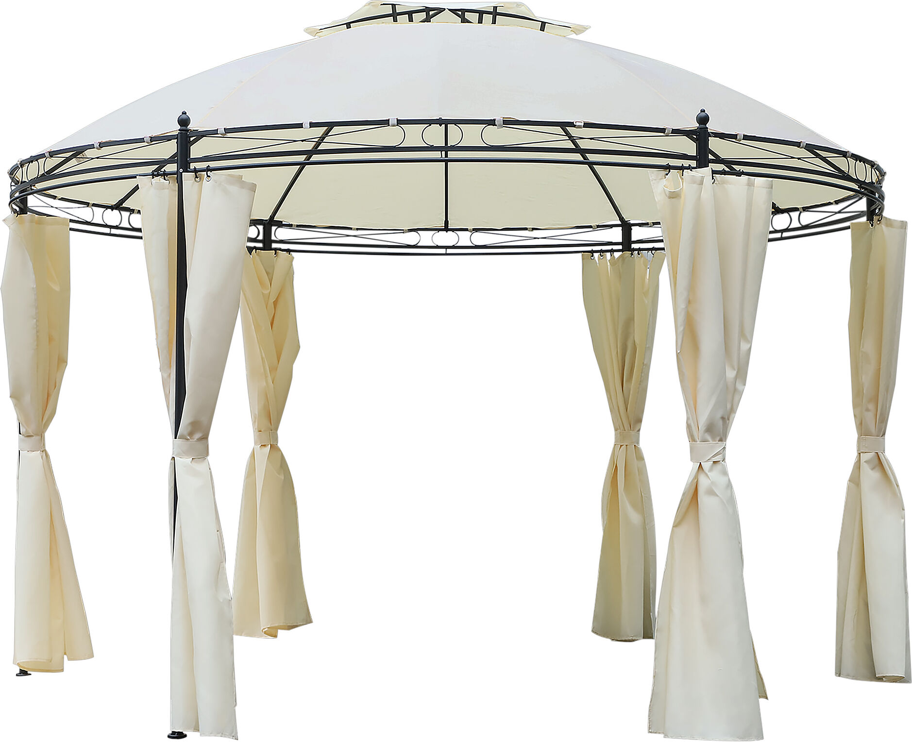 Outsunny Tonnelle Pavillon de Jardin Rond Double Toit 6 Rideaux Latéraux Polyester Métal Époxy Crème