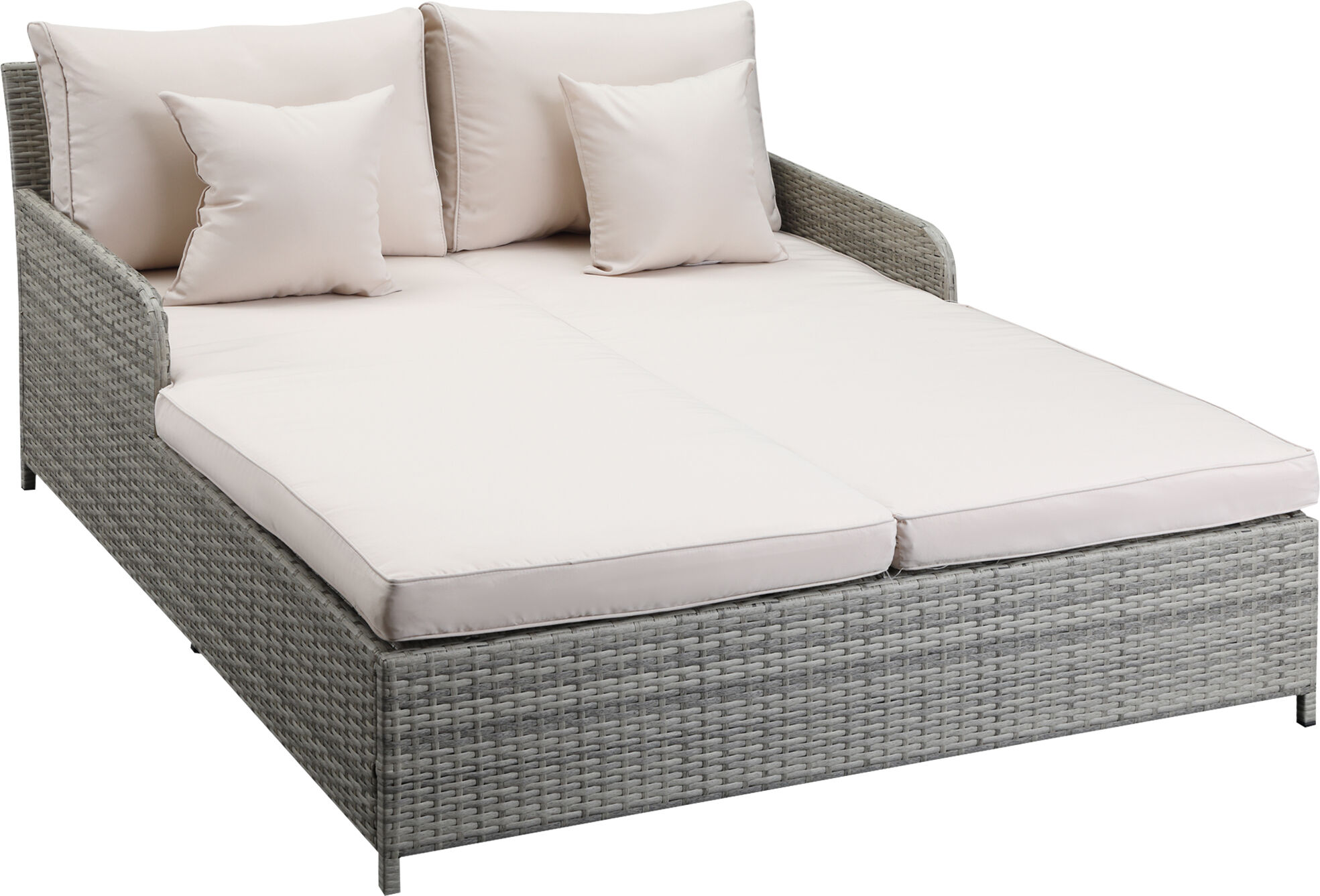 Outsunny Lit canapé double pour jardin en résine tressée PE avec matelas, accoudoirs et 4 coussins dim. 158L x 134l x 70H cm - gris et beige-AOSOM.fr