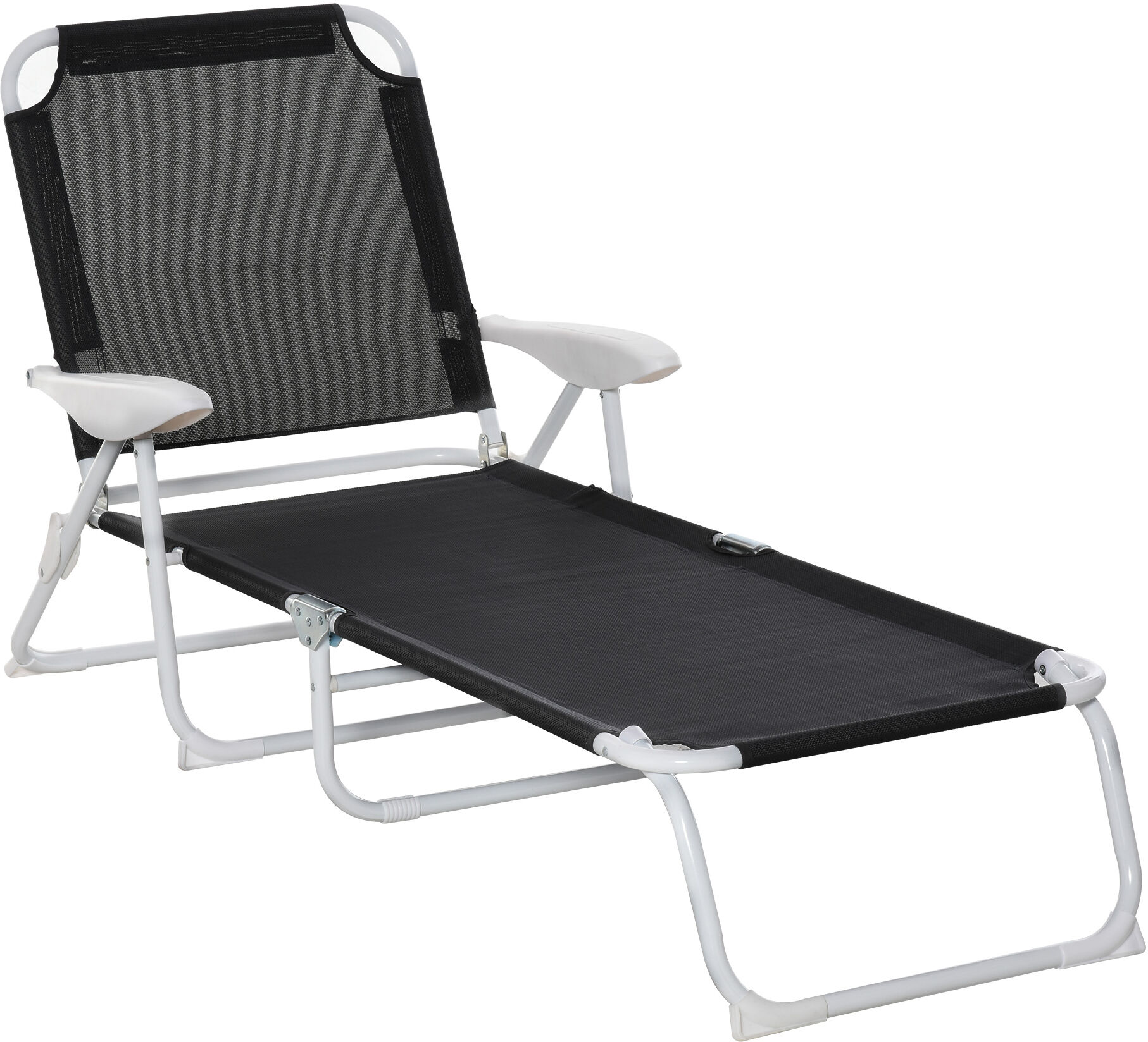 Outsunny Chaise longue bain de soleil pliable inclinable 4 positions grand confort avec accoudoirs revêtement tissu textilène métal époxy noir