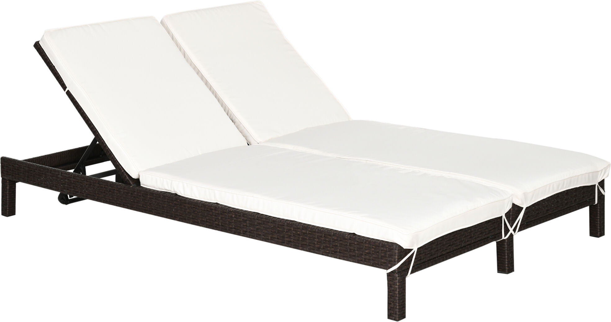 Outsunny Bain de soleil transat 2 places - grand confort - dossier inclinable multi-positions - matelas fournis crème - résine tressée 4 fils marron