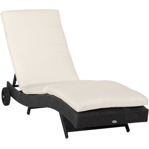 Outsunny Bain de soleil transat grand confort - dossier inclinable 5 positions roulettes - matelas déhoussable inclus - résine tressée noire et beige