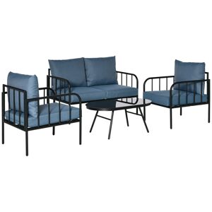 Outsunny Ensemble salon de jardin 4 pièces canapé 2 places 2 fauteuils table basse  4 coussins rembourrage épais métal bleu foncé et noir