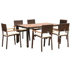 Outsunny Ensemble de table et 6 chaises de jardin en résine tressée avec coussins d'assise et plateau table en bois d'acacia - marron