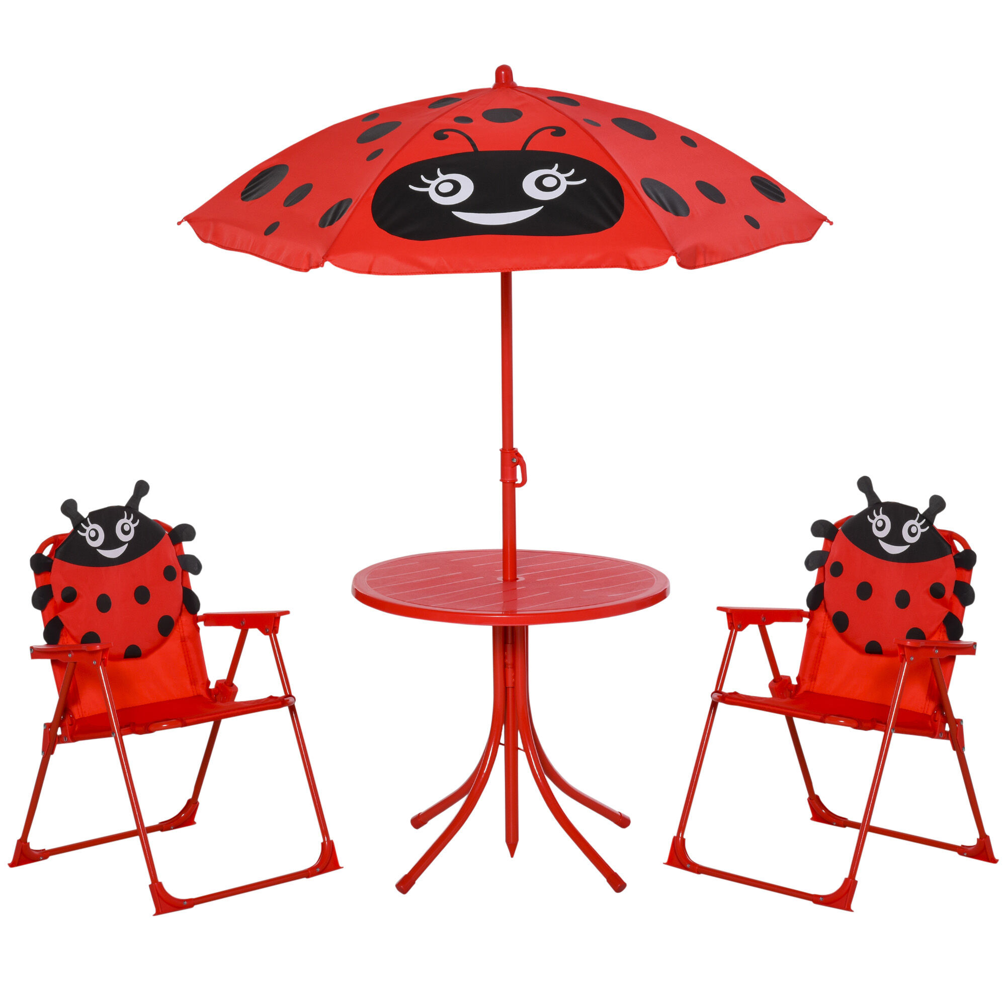 Outsunny Ensemble salon de jardin enfant 4 pcs design coccinelle - table ronde + 2 chaises pliables + parasol - métal époxy oxford rouge