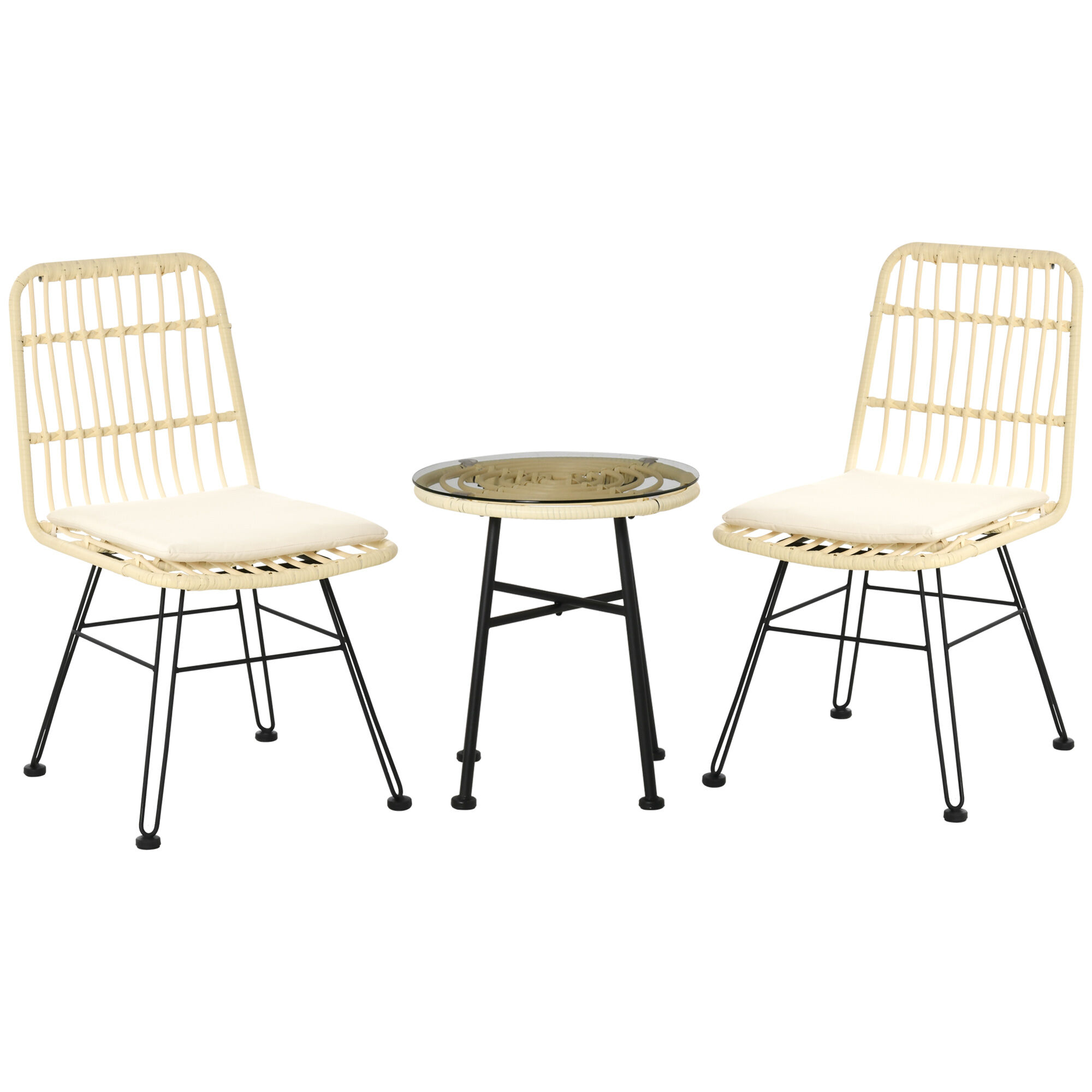 Outsunny Ensemble bistro de jardin 2 places 3 pièces style exotique 2 chaises + table basse ronde métal époxy noir résine tressée beige