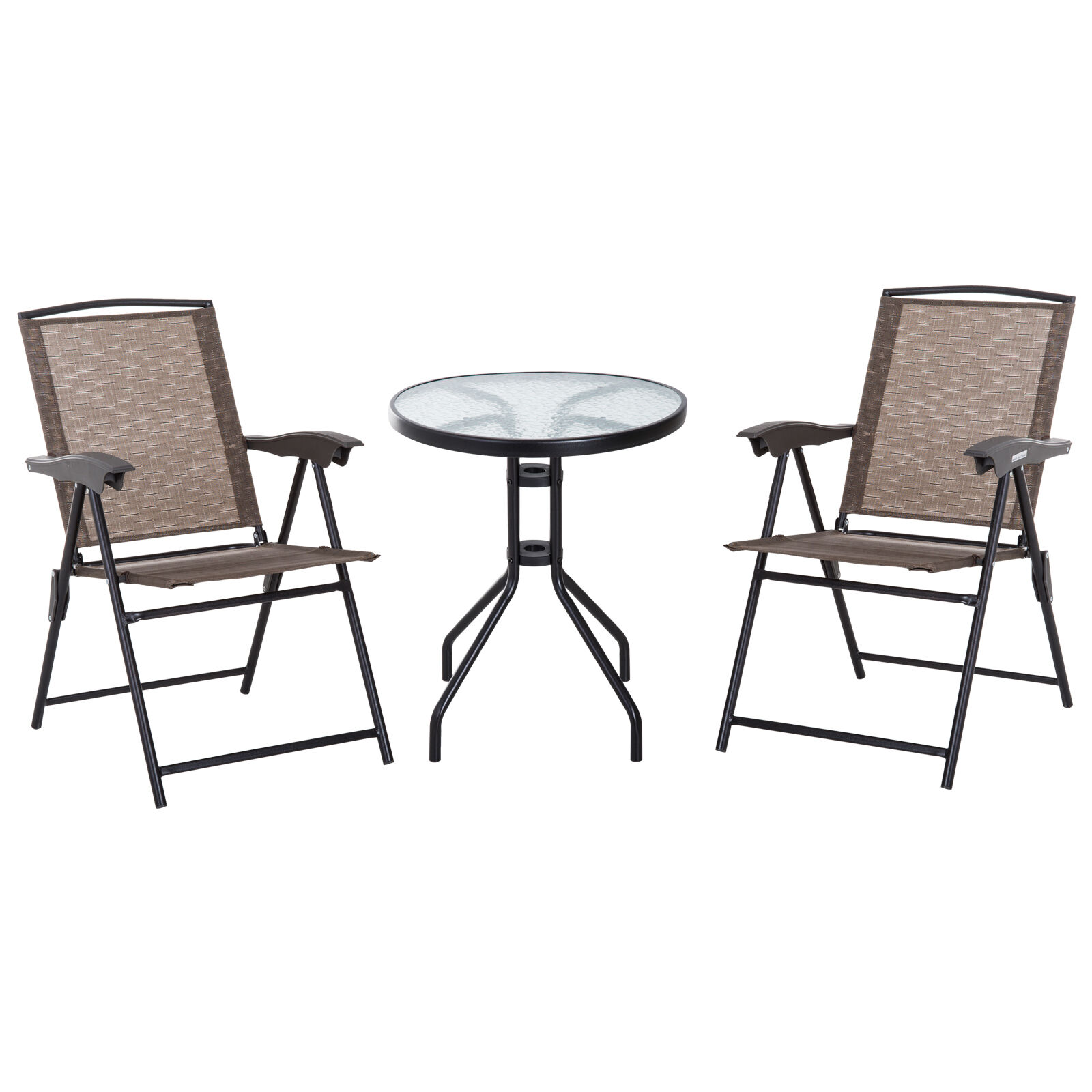 Outsunny Ensemble de jardin 3 pièces 2 chaises inclinables multi-positions pliables + table ronde verre trempé métal époxy textilène chocolat