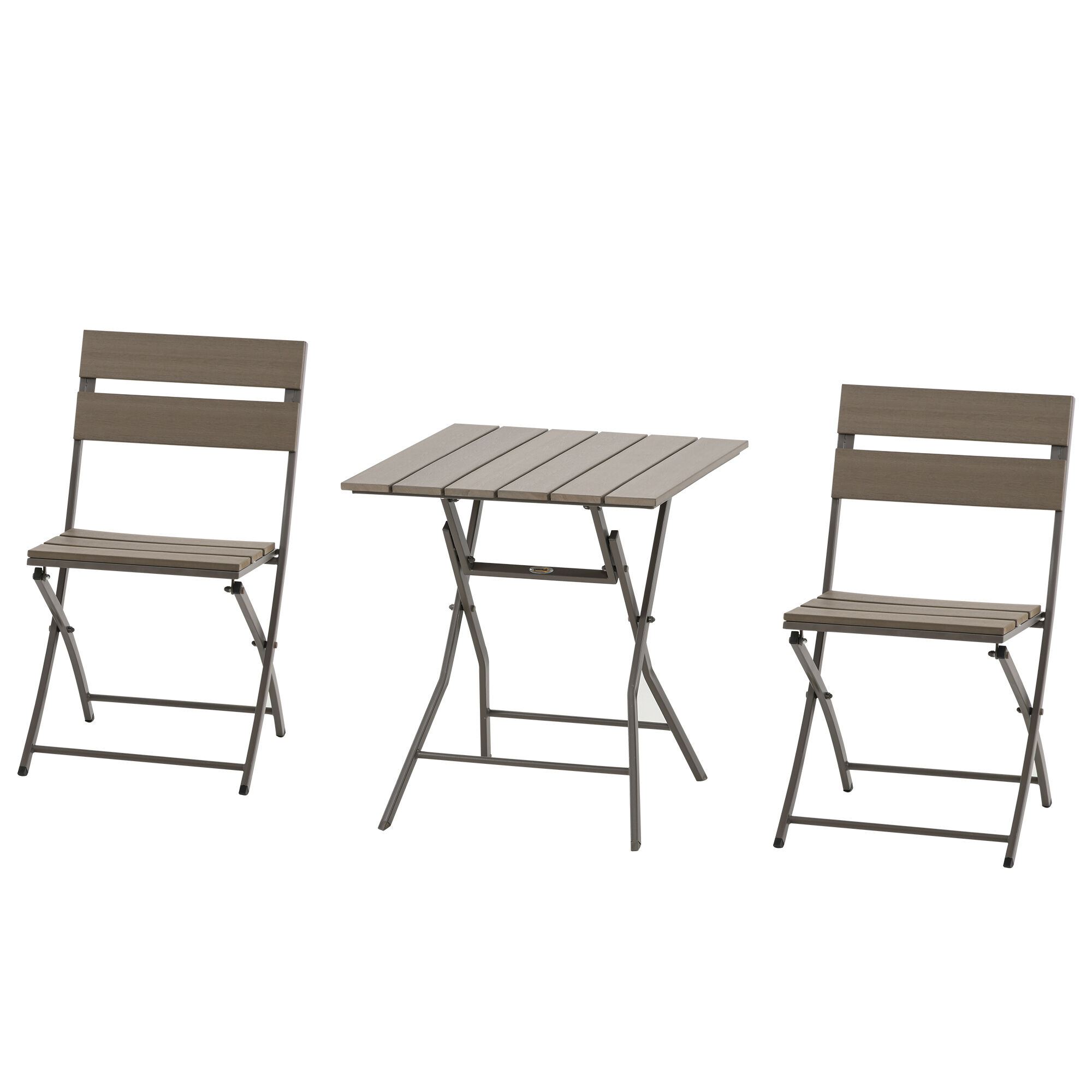 Outsunny Ensemble bistro de jardin 3 pièces pliables design contemporain table carrée et 2 chaises à lattes métal époxy PE aspect bois
