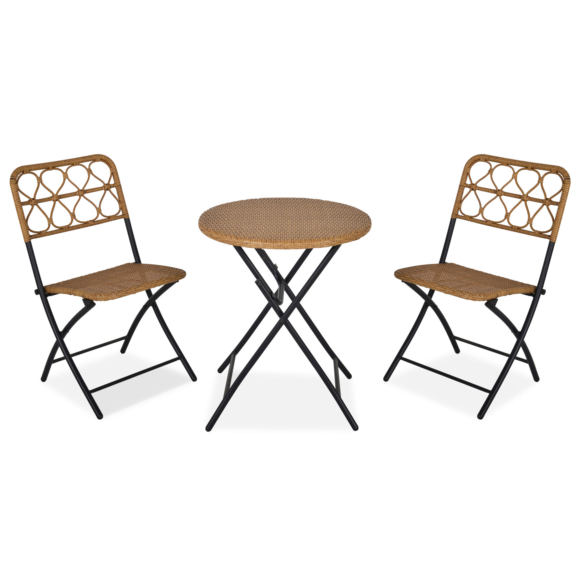 Outsunny Ensemble bistro de jardin 3 pièces pliantes style cosy 2 chaises + table résine tressée beige acier époxy noir