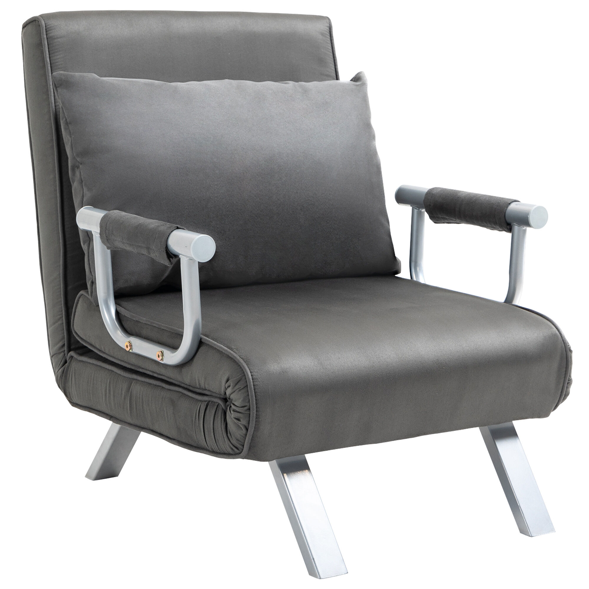 HOMCOM Fauteuil chauffeuse canapé-lit Convertible 1 Place déhoussable Grand Confort Coussin Pieds accoudoirs métal suède Gris