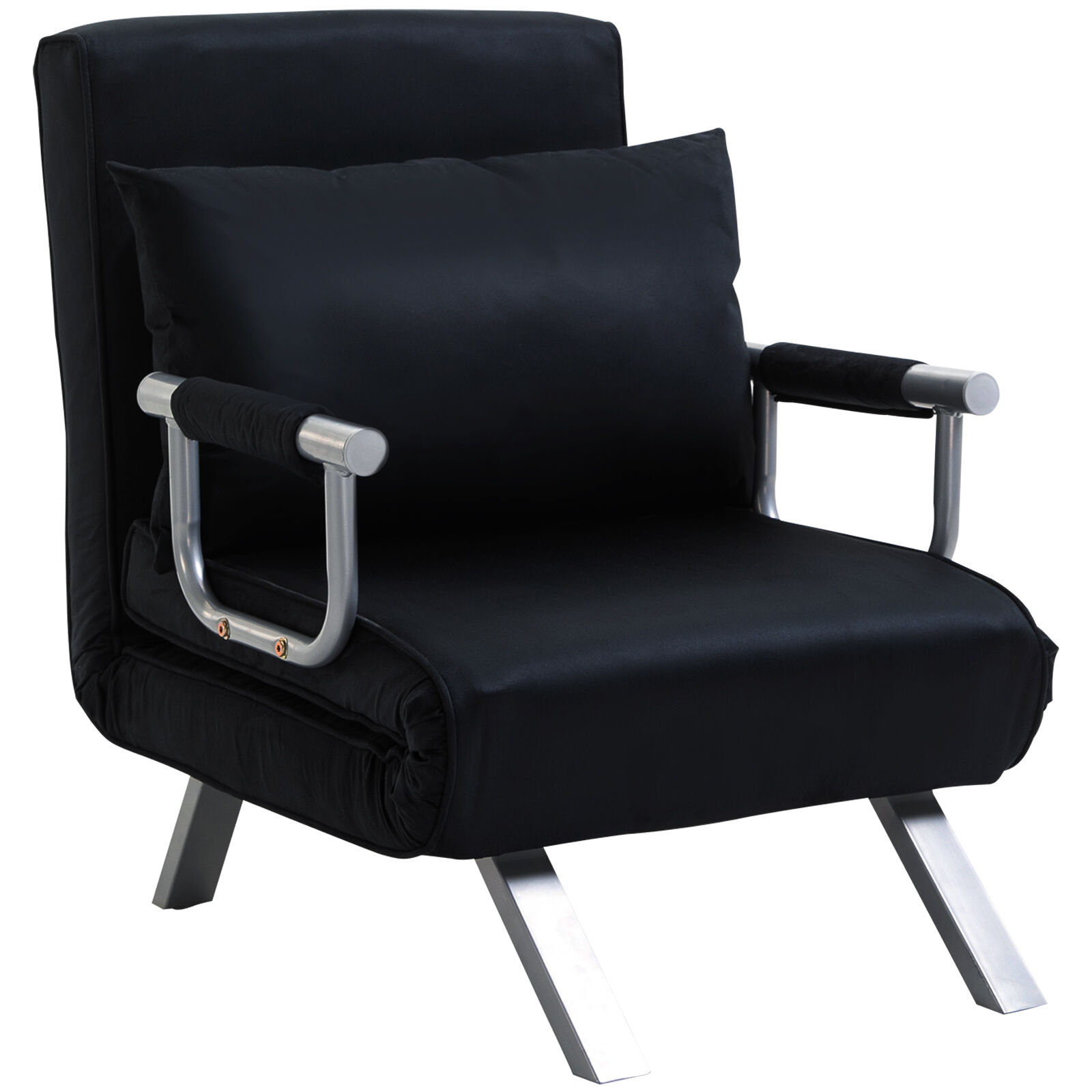 HOMCOM Fauteuil chauffeuse canapé-lit convertible 1 place déhoussable grand confort coussin pieds accoudoirs métal suède noir