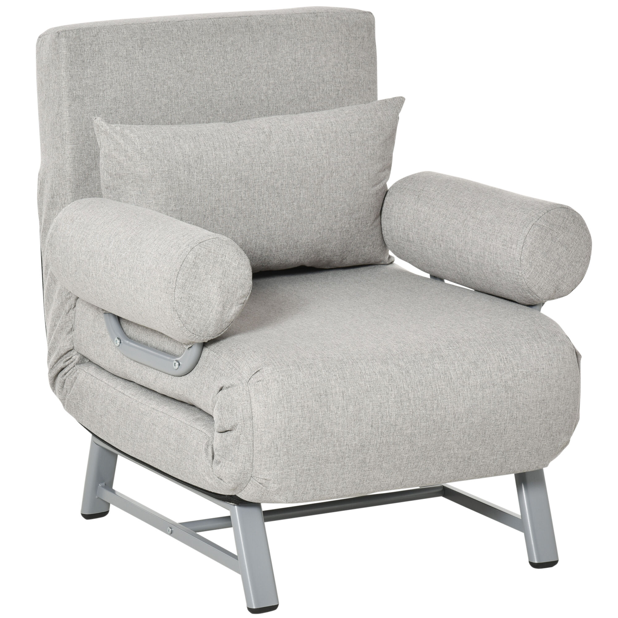 HOMCOM Fauteuil chauffeuse canapé-lit Convertible inclinable 1 Place Grand Confort Coussin lombaires accoudoirs piètement métal Lin Gris Clair