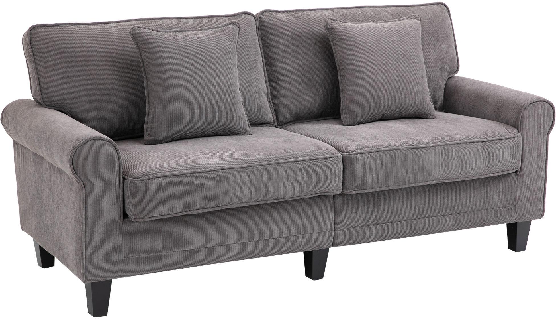 HOMCOM Canapé 3 places dim. 197L x 84P x 90H cm coussin déco. inclus pieds bois massif pin tissu Aspect velours côtelé gris