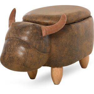 HOMCOM Tabouret de rangement buffle  animaux repose-pieds mignon amusant pour enfant bois d'hévéa tissu avec tapis antidérapant marron