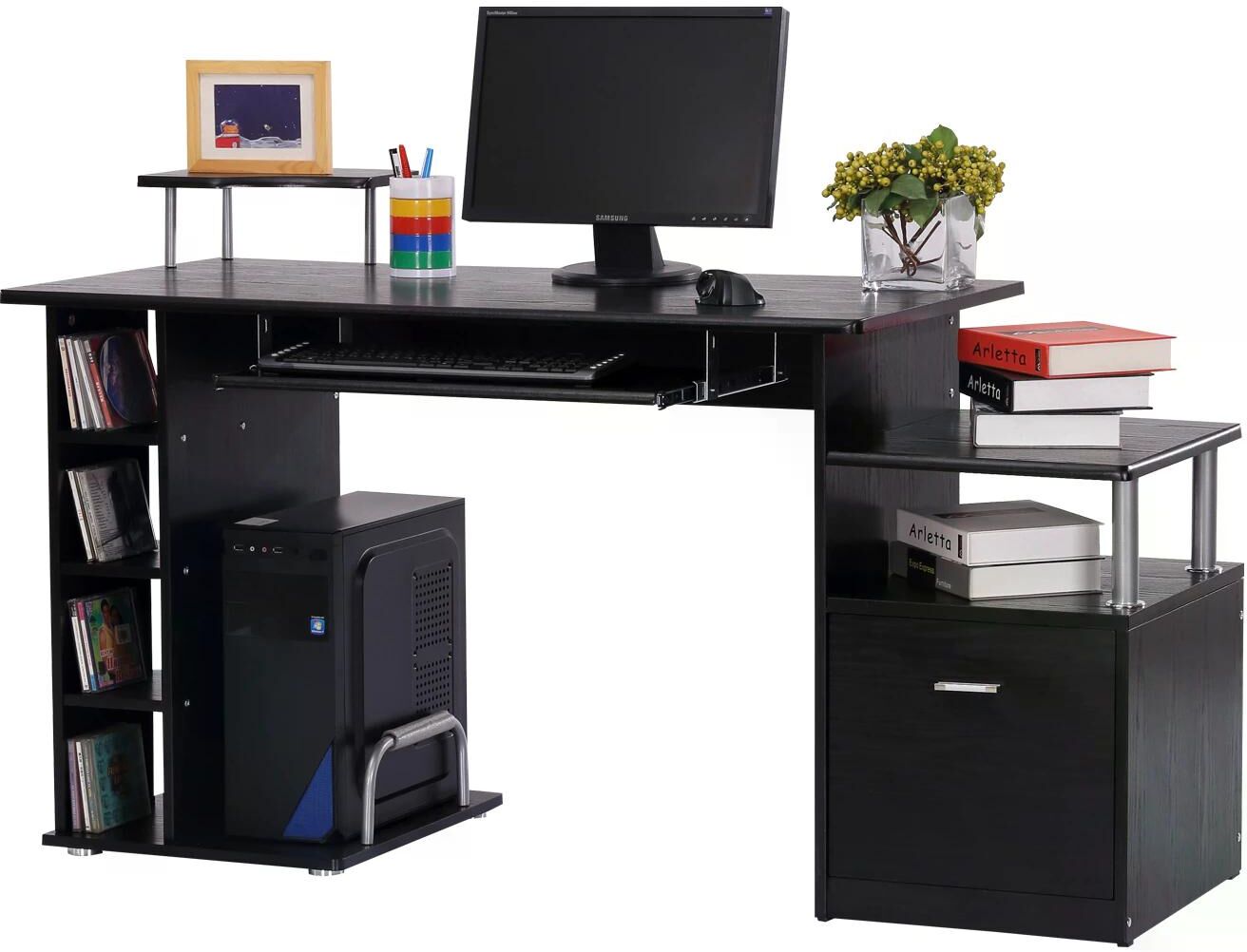 Homcom Bureau informatique table pour ordinateur table meuble pc informatique en MDF noir 152 x 60 x 88 cm