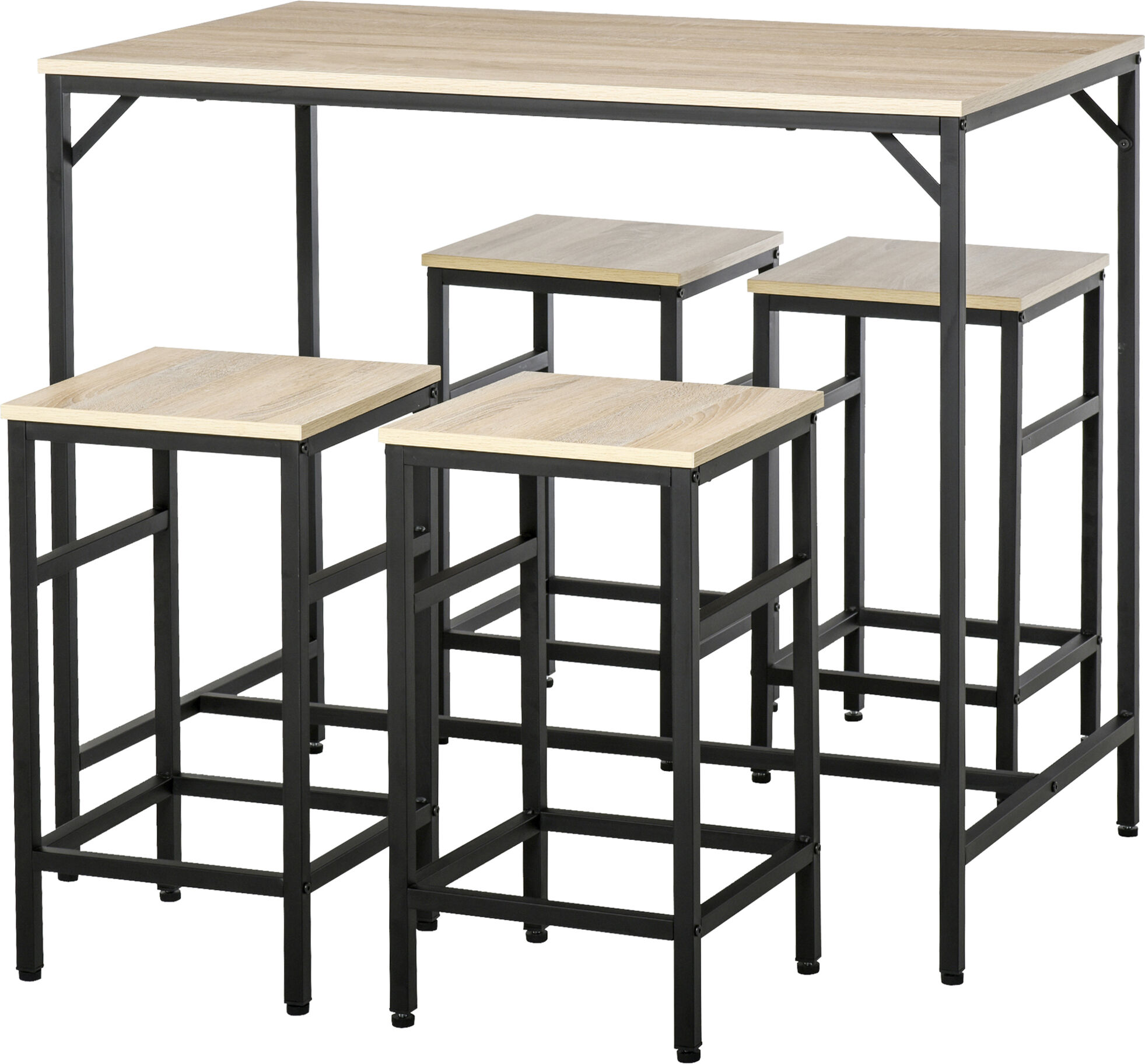 HOMCOM Ensemble Table de Bar Industriel + 4 tabourets Repose-Pieds en Bois couleur Chêne Clair Cadre en métal Noir