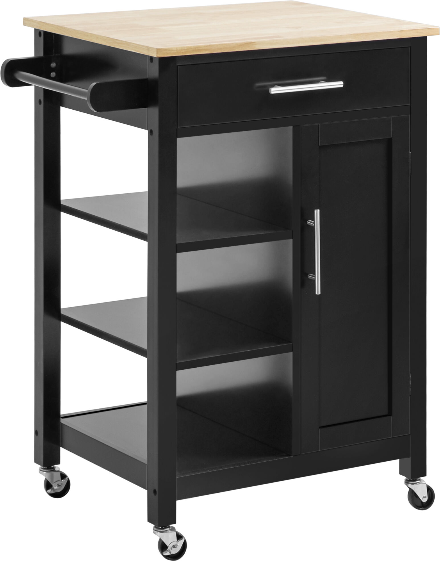 HOMCOM Desserte de cuisine style contemporain - porte, tiroir, 3 étagères - poignées métal MDF noir plateau bois hévéa