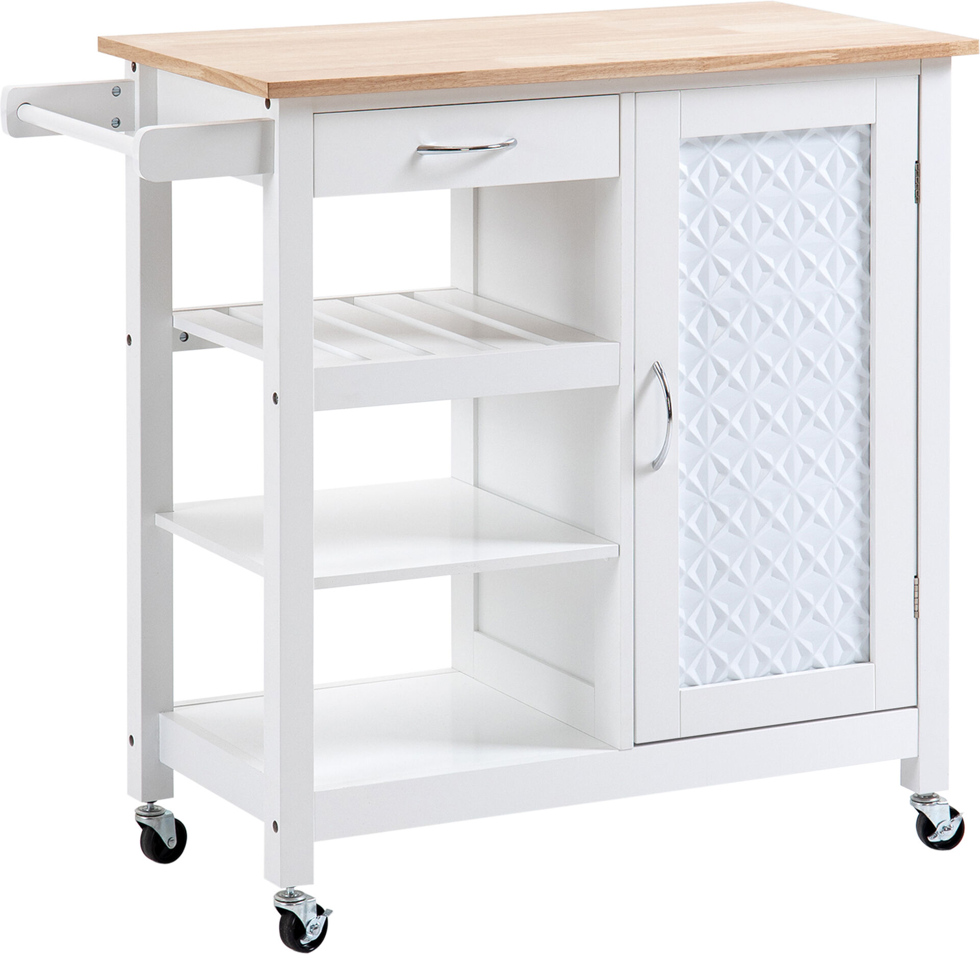 HOMCOM Desserte cuisine chariot de service à roulettes style contemporain - porte, tiroir, 3 étagères - poignées métal MDF blanc   Aosom France