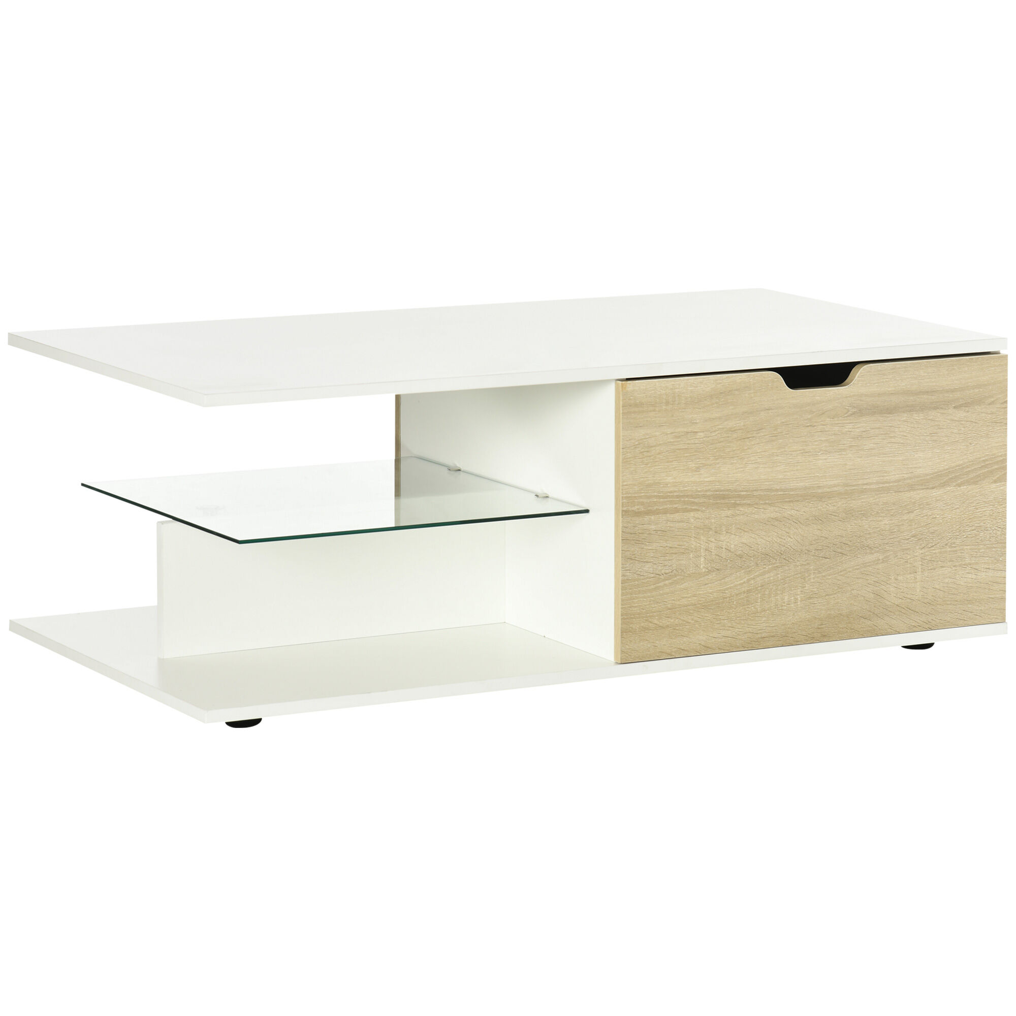 HOMCOM Table basse table de salon rectangulaire design moderne étagère en verre 2 tiroirs 106 x 58 x 39 cm blanc   Aosom France