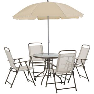 Outsunny Ensemble salon de jardin 4 chaises pliables table ronde verre trempé et paraol tissu polyester cadre acier Ø 80 x 69 5 cm beige