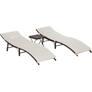 Outsunny Lot de 2 tansats et table pliables confort coussin tétière matelas déhoussable lavable résine tressée acier 196 x 61 x 53 cm brun et crème