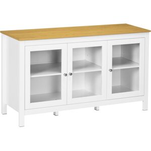 HOMCOM Buffet meuble de rangement avec 3 portes vitrées 2 étagères réglables plateau aspect bois clair 120 x 40 x 70 cm blanc