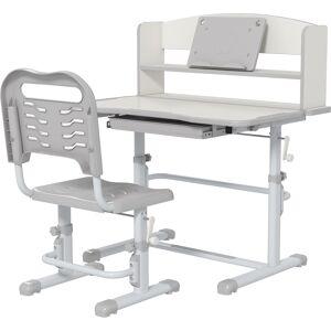 ZONEKIZ Bureau enfant avec chaise, hauteur réglable, étagère, tablette coulissante multi-rangement, gris blanc