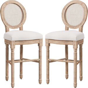 HOMCOM Lot de 2 chaises de bar médaillon Style Louis XVI bois massif sculpté patiné aspect lin 48 x 56 x 118 cm crème