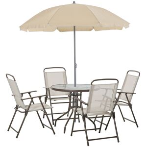 Outsunny Ensemble salon de jardin 6 pcs - table ronde + 4 chaises pliables + parasol - acier époxy café textilène polyester beige - Publicité